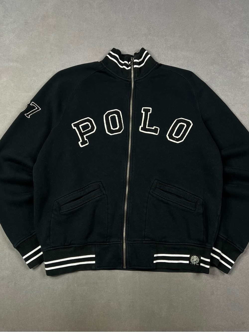 Polo by Ralph Lauren Black Varsity Zip-Up Jacket with White Trim